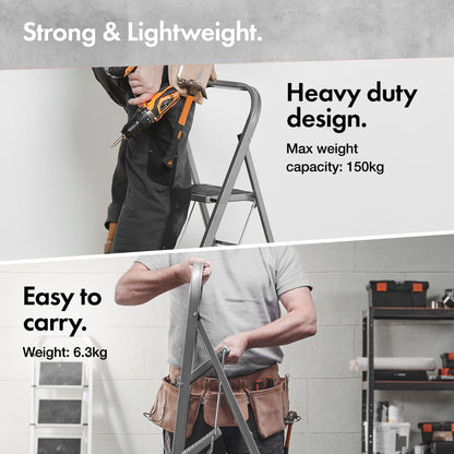 VonHaus 3 Step Ladder – Premium Quality Folding Step Ladder for DIY and Gardening - Anti Slip Feet, Easy to Store Ladder, 150KG Max Capacity - Durable Steel