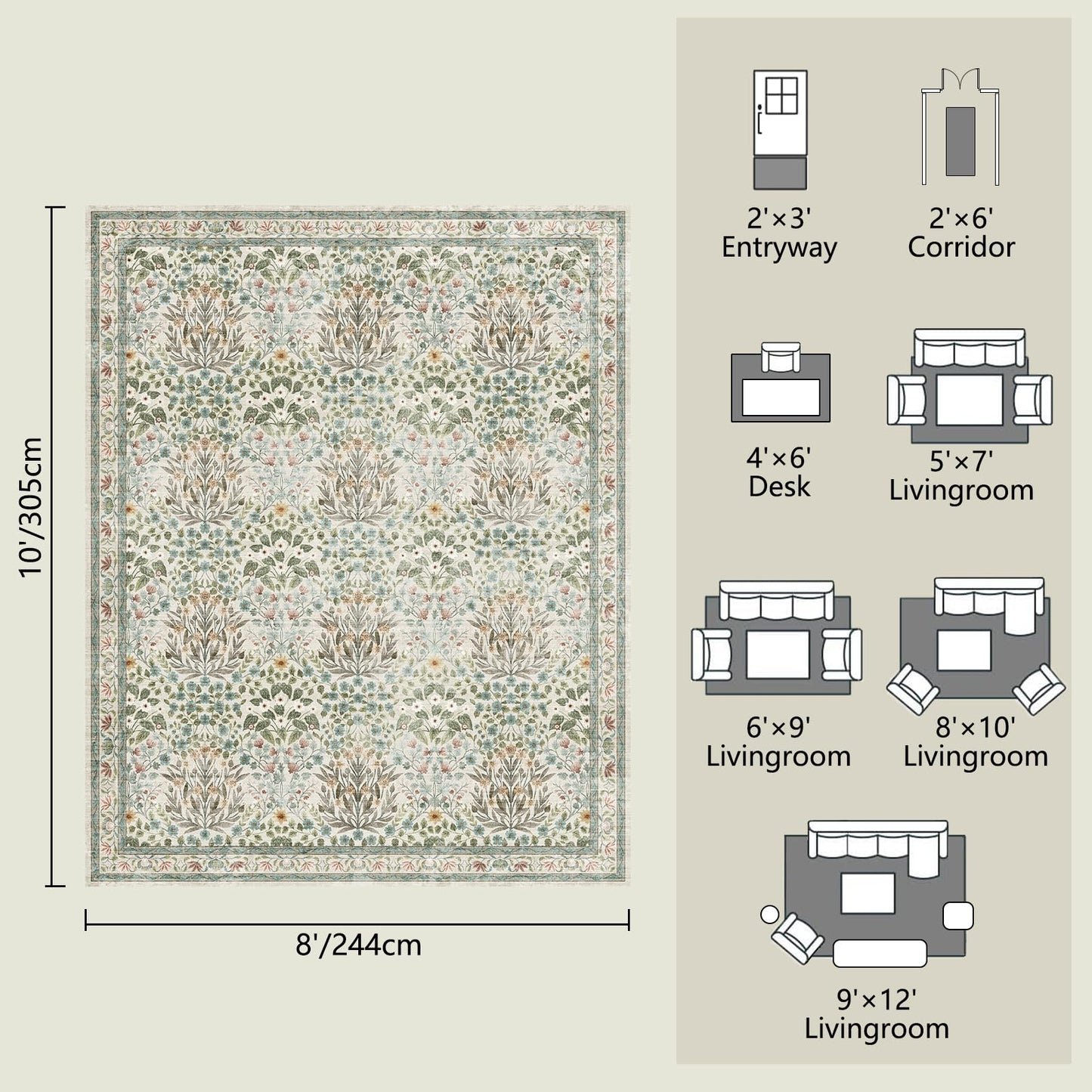Washable Area Rug 8x10 - Vintage Floral Living Room Rug for Dining Room (Under Table), Bedroom - Stain Resistant, Soft Low Pile, Non-Slip Large Carpet