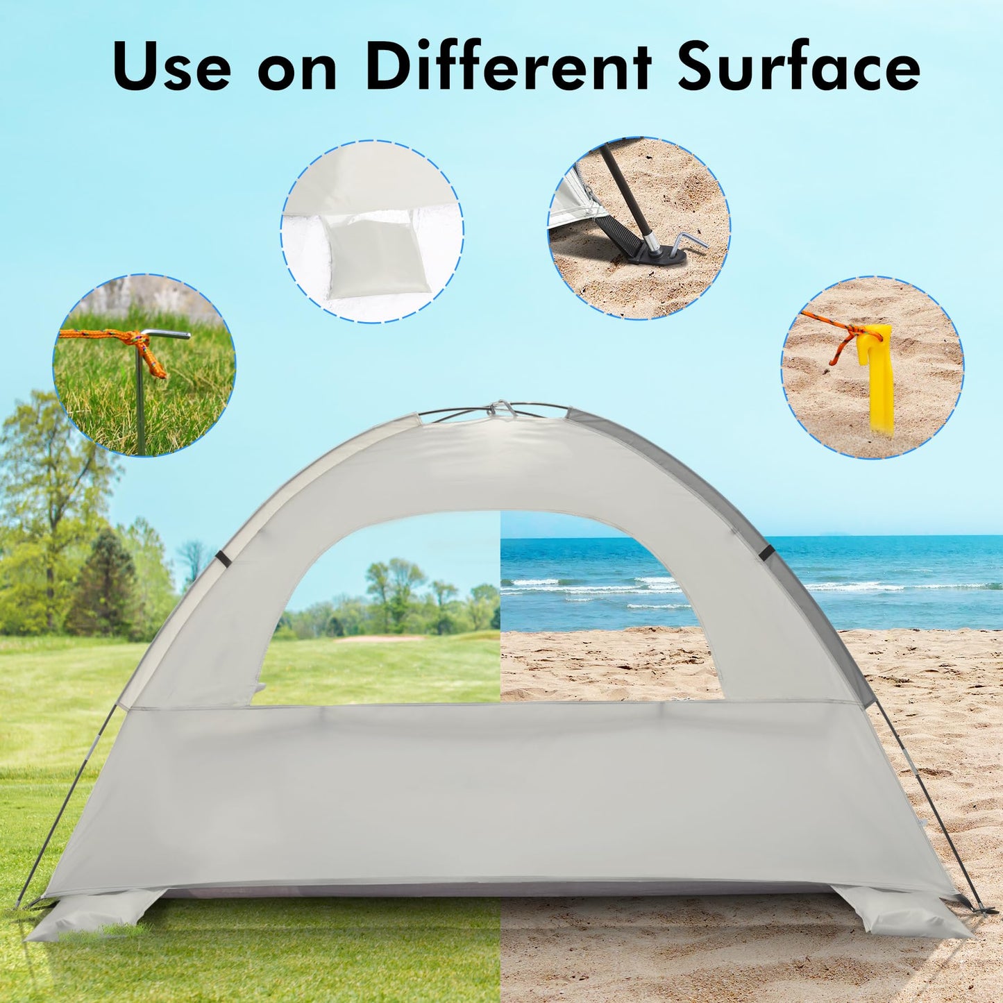 WhiteFang Beach Tent Anti-UV Portable Sun Shade Shelter for 6 Person, Extendable Floor with 3 Ventilating Mesh Windows Plus Carrying Bag, Stakes and Guy Lines (Baby's Breath)