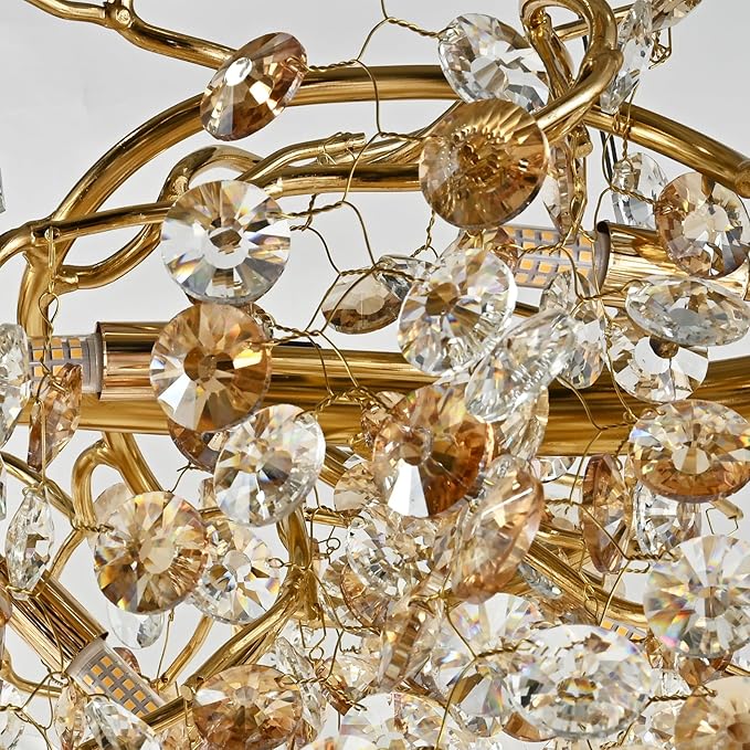 Modern Crystal Tree Branches Chandeliers Gold Luxury Round Raindrop Pendant Light Fixture 12 Light Ceiling Hanging Light for Dining Room Bedroom Living Room Entryway