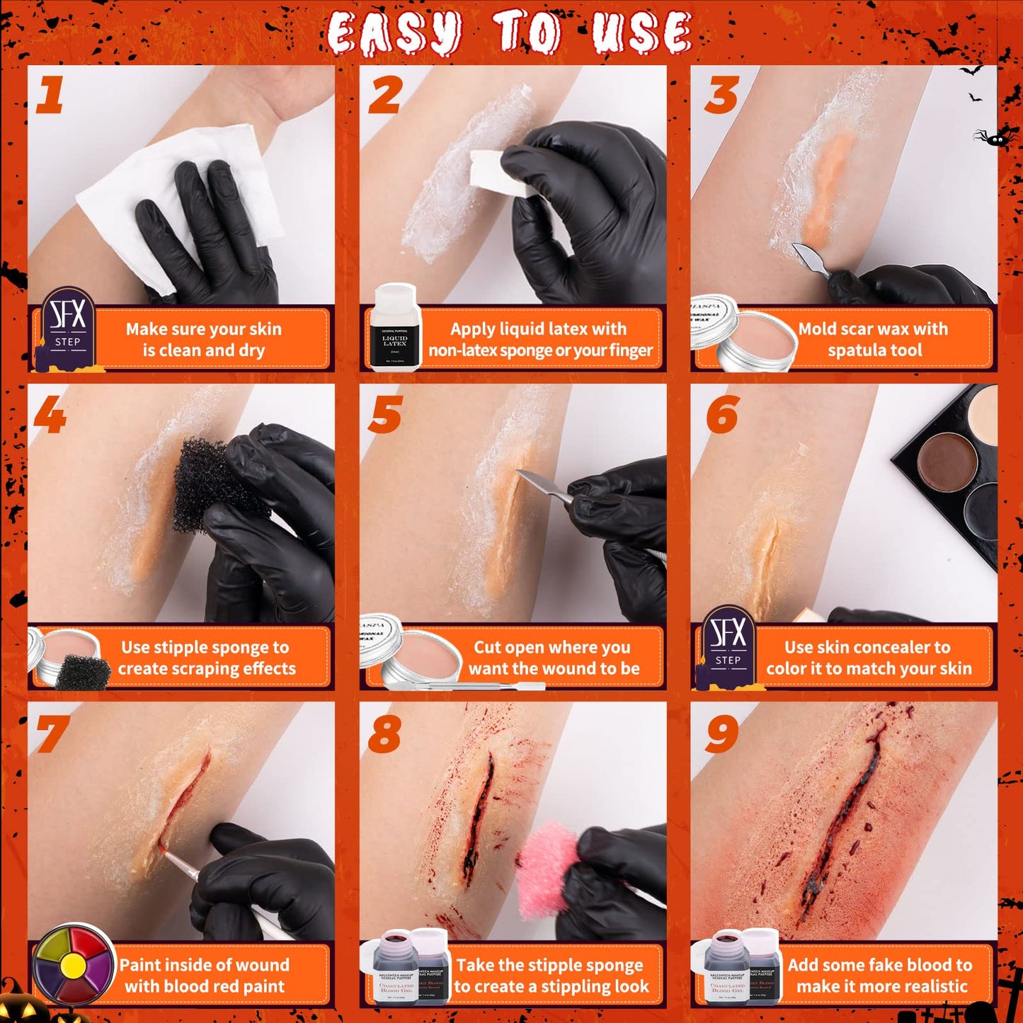 CHASPA Halloween Liquid Latex Special Effects SFX Makeup Kit for Fake Scar Wound Makeup - Scar Wax + 2 Btl Liquid Latex + 2 Btl Fake Blood + Spatula Tool + 2Pcs Stipple Sponge for Halloween Cosplay