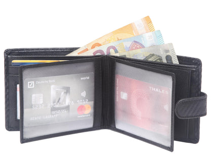 ODS:UK Mens RFID Blocking Safe Soft Leather Tri Fold Wallet Card Slots Id Window and Coin Pocket (Jet Black Carbon)