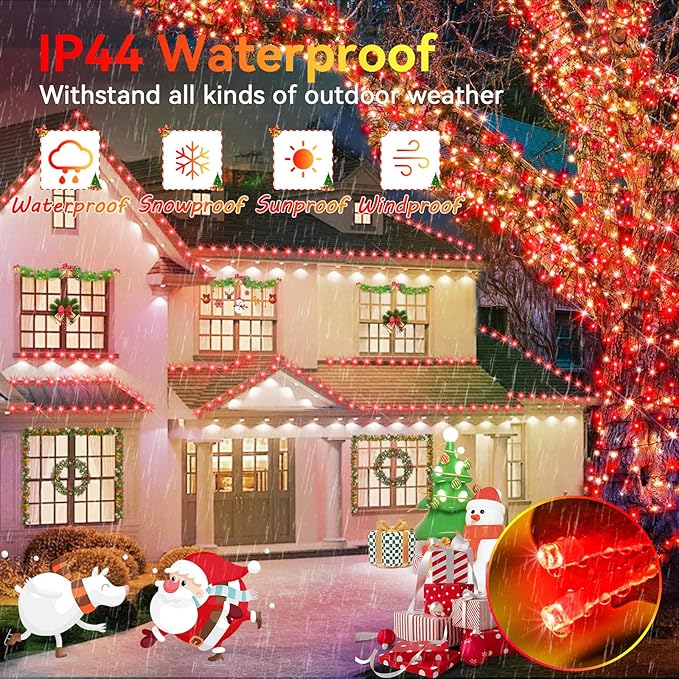 Hezbjiti 1000 LED 403 FT Christmas String Lights Outdoor, 8 Lighting Modes IP44 Waterproof Fairy Lights with Timer and Dimmable Function for Home Party Tree Decorations (Red, Clear Wire)