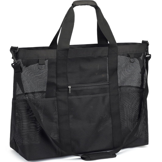 Fammart Extra Large Mesh Beach Bag for Family, Pool Travel Tote Bag with Zipper Closure, 10 Pockets, Sandproof Bottom