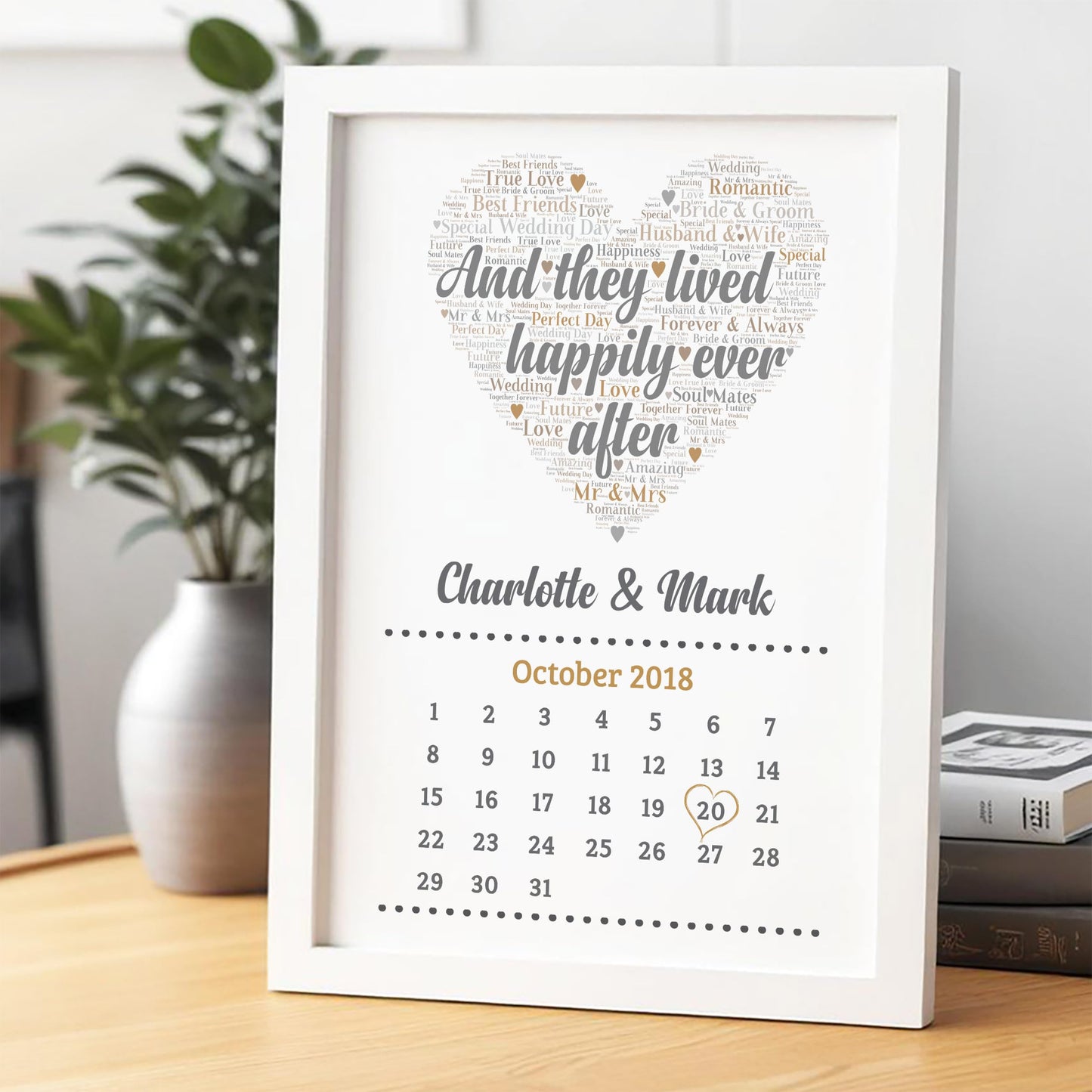 Beecreative Personalised Wedding Gifts for Bride & Groom - Custom Calendar Print with Names and Date of Wedding - Personalised 'And They Lived Happily Ever' Wedding Present Keepsake