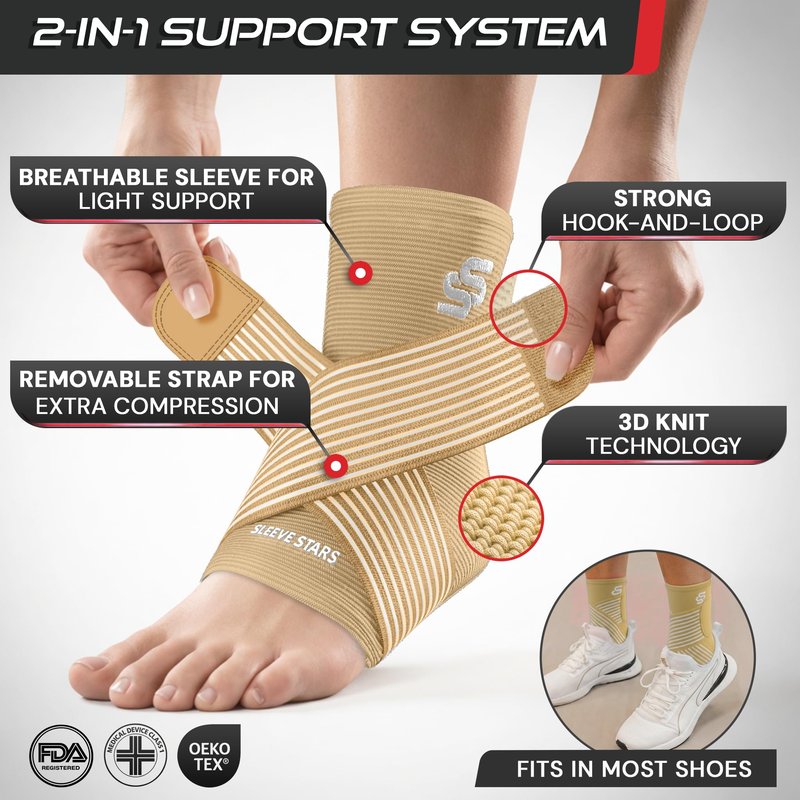 Sleeve Stars Ankle Brace for Women & Men, Ankle Wrap for Sprained Ankle, Compression Sleeve for Plantar Fasciitis Relief, Easy Customizable Support: w/Removable Strap (Single/S:9"-10"/Beige)