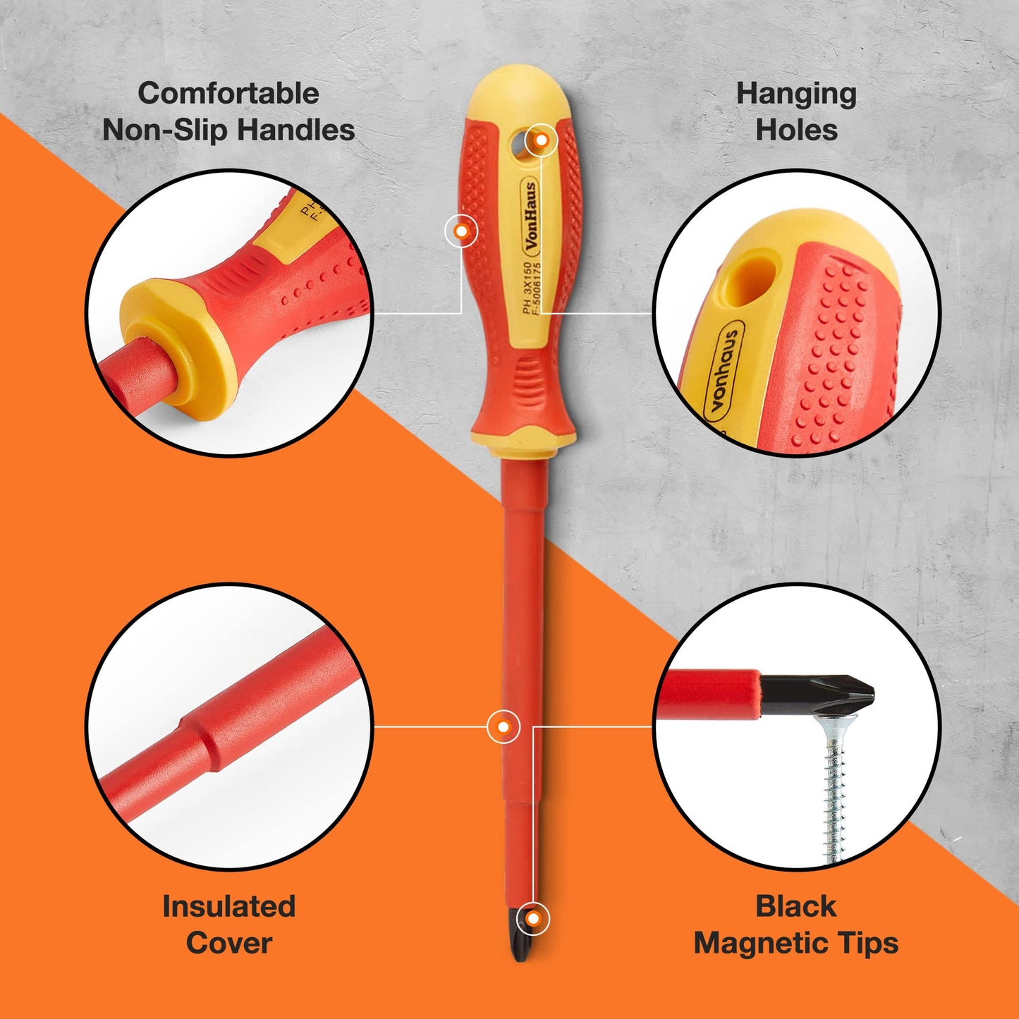 VonHaus Electrician Screwdriver and Pliers Tool Set - Insulated Screwdriver Set for Safe Electrical Work - 1000V VDE Tested - Includes Voltage Tester, Wire Stripper, Tape - Electricians Tools