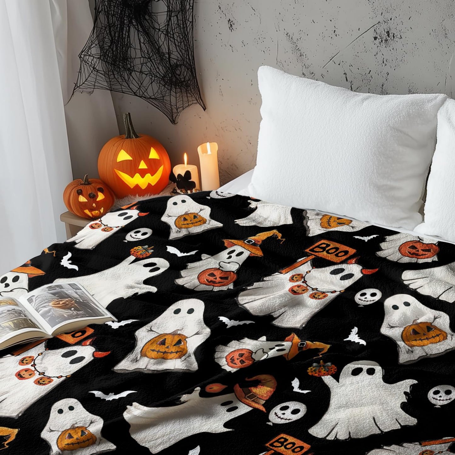 Horaldaily Halloween Flannel Blanket Throw, Ghost Boo Jack-O-Lantern Pumpkin Skulls Soft Fuzzy Plush Cozy Fleece Blankets for Couch Sofa Bed Lounging, Ideal Gifts for Kids Adults Wife Self, 50x60