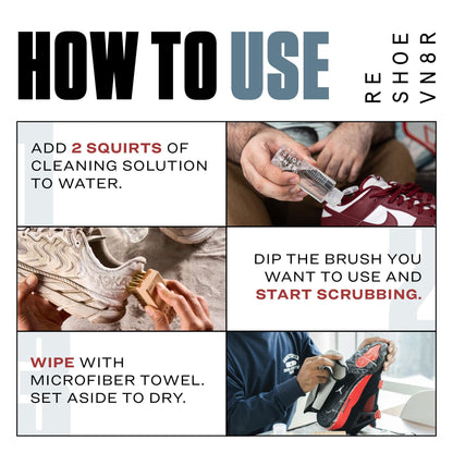 Resheovn8r Essential Kit 5 Piece Set Trainer Care Shoe Cleaning 3 Brushes Microfiber Towel 4 oz of Solution 50 Cleans