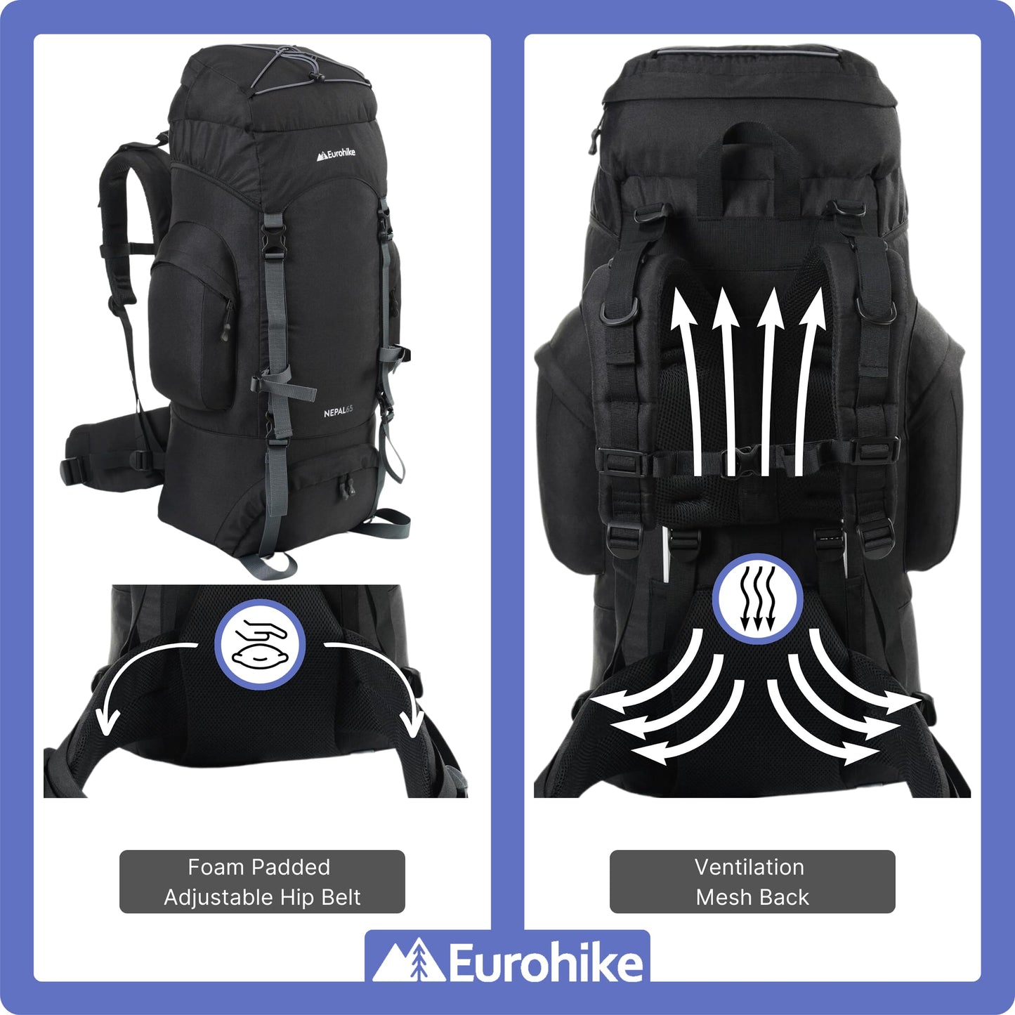Eurohike Nepal 65 Litre Rucksack with Ventilated Back Panel & Padded Harness, 65L Backpack, Bag for Men & Women, Adjustable, Lightweight, Camping, Hiking, Trekking, Travelling, Outdoors, Black