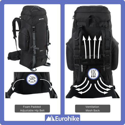 Eurohike Nepal 65 Litre Rucksack with Ventilated Back Panel & Padded Harness, 65L Backpack, Bag for Men & Women, Adjustable, Lightweight, Camping, Hiking, Trekking, Travelling, Outdoors, Black