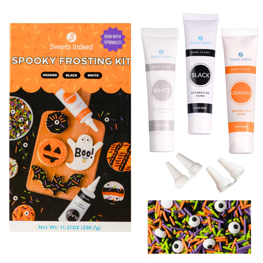 Halloween Frosting Kit with Sprinkles & Eyeballs – 11.31 oz Decorating Set with 3 Frosting Tubes (Orange, Black, White), 4 Nozzles & 2 oz Sprinkle Mix – Cookie & Cupcake Kit for Kids & Families