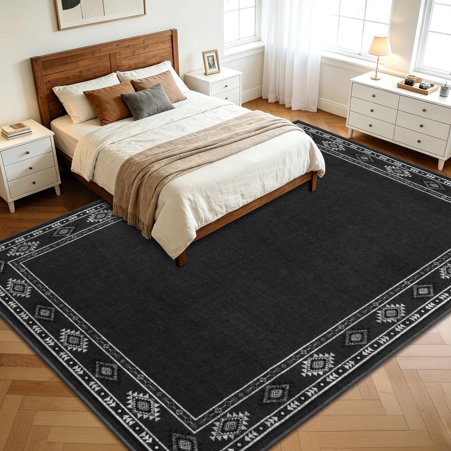 QDUIDU Large Area Rug for Bedroom Living Room, 4x6 Feet Ultra Soft Dark Grey Rugs Washable Modern Geometric Bordered Non Slip Low Pile Carpets Home Decor