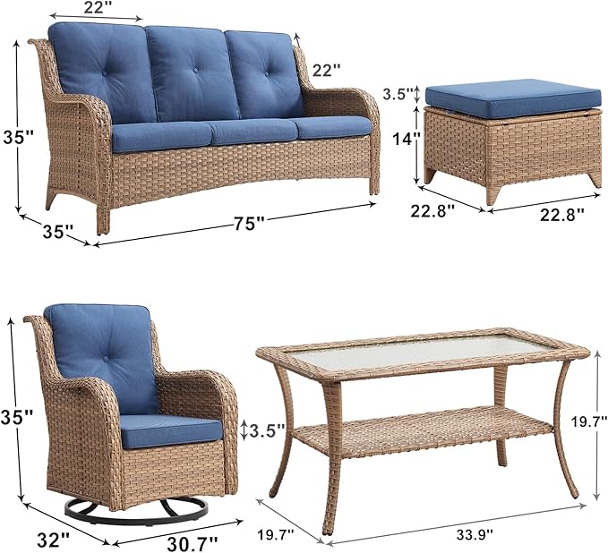 Rilyson Patio Furniture Swivel Chairs Set - 7 PC Wicker Rattan Outdoor Sectional Conversation Sets with 2 Rocking Chairs,2 Ottoman,2 Sofa and 1 Coffee Table for Porch Deck Garden(Yellow/Blue)