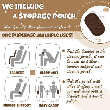 Bnuitland Brown Flannel Throw (50X70 inches) with Storage Pouch,300GSM Super Soft Fleece Stripe Pattern Sofa Blanket for Adults and Kids, Lightweight Cozy Bed Throw for Home Decor All Season