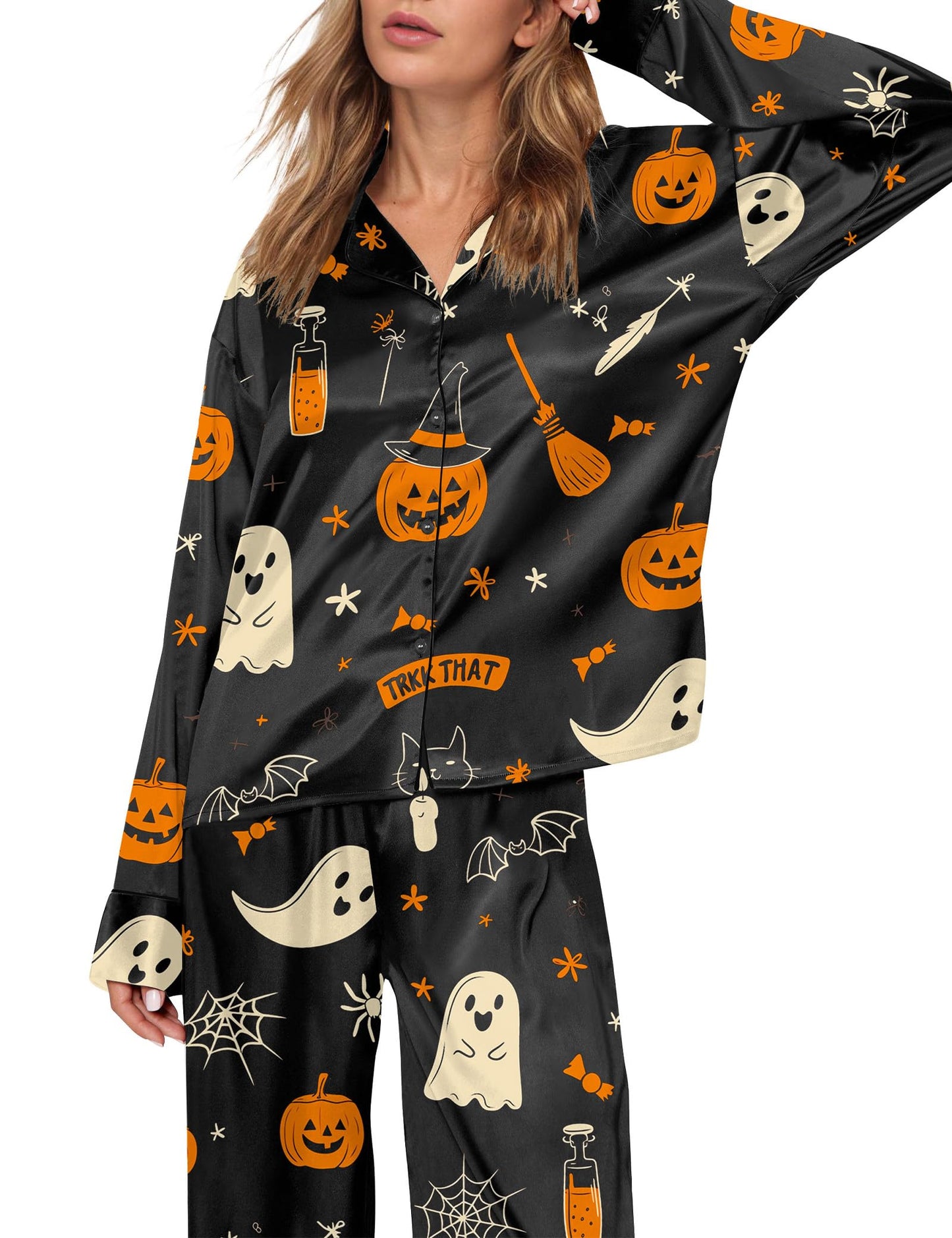 SHESHOW Funny Halloween Pajamas Women Satin Pajama Long Sleeve 2 Piece Sets Cute Halloween Pjs Women Black XL