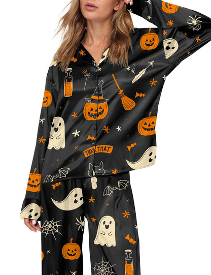 SHESHOW Funny Halloween Pajamas Women Satin Pajama Long Sleeve 2 Piece Sets Cute Halloween Pjs Women Black M