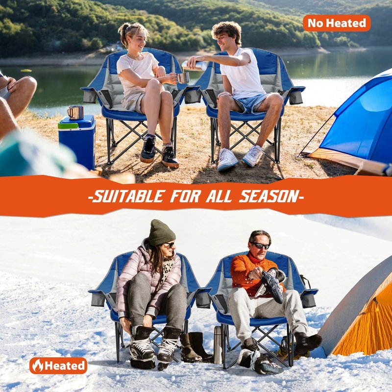 Youtanic Oversized Extra Large Heated Padded Camping Chair up to 500lbs, 3 Heat Levels Camp Chair with Carry Bag, Outdoor Heating Folding Chairs for Adults, Fishing, Sports, Picnic, Gray-Blue