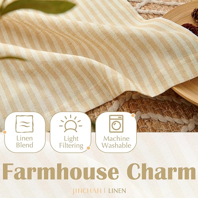 jinchan Striped Linen Kitchen Curtains 45 Inches Length Tier Curtains Farmhouse Modern Cafe Style Small Window Treatments Airy Light Filtering Rod Pocket for Living Room Bathroom 2 Panels Beige