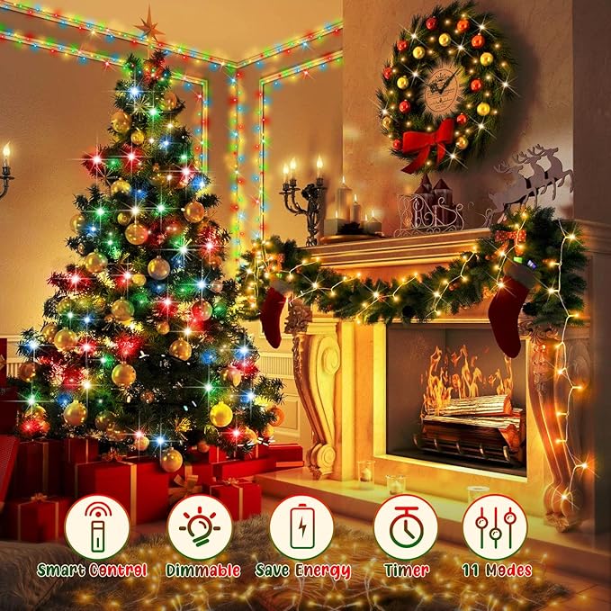 Hezbjiti 108FT 300 LED Color Changing Christmas Lights Outdoor, 11 Modes String Lights IP44 Waterproof Fairy Lights for Party Tree Yard Porch Wedding (Multicolor to Warm White, Clear Wire)