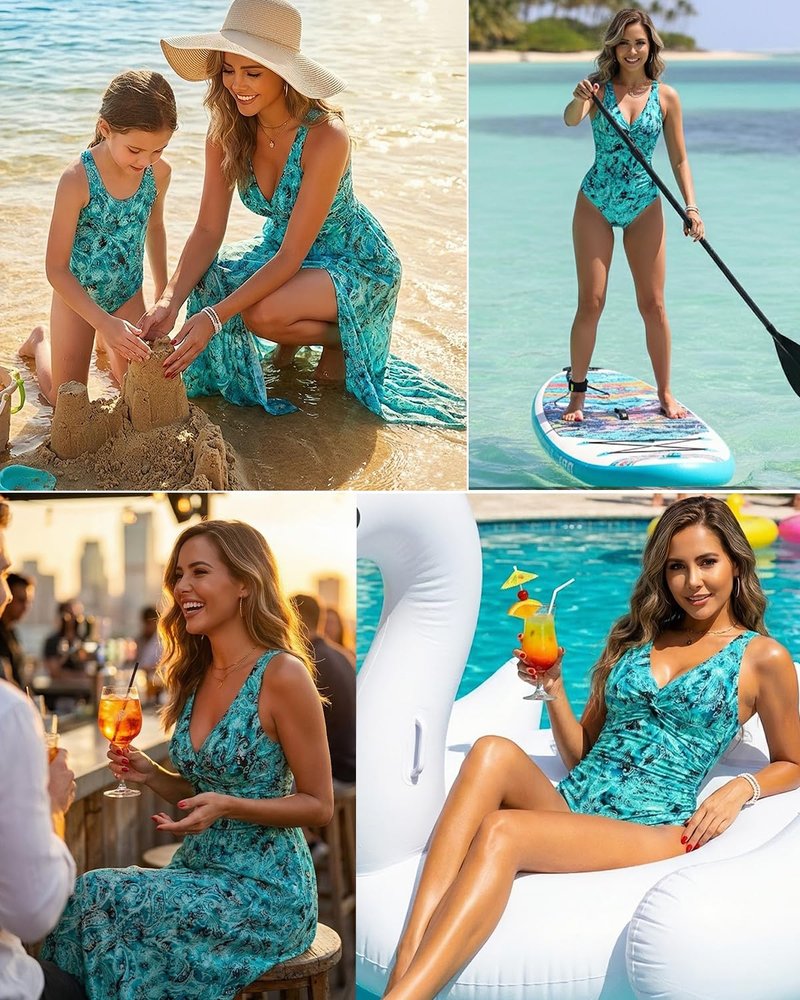 Holipick Green Paisley Women's One Piece Swimsuits with Cover Up Skirt Tummy Control V Neck Two Piece Bathing Suit M
