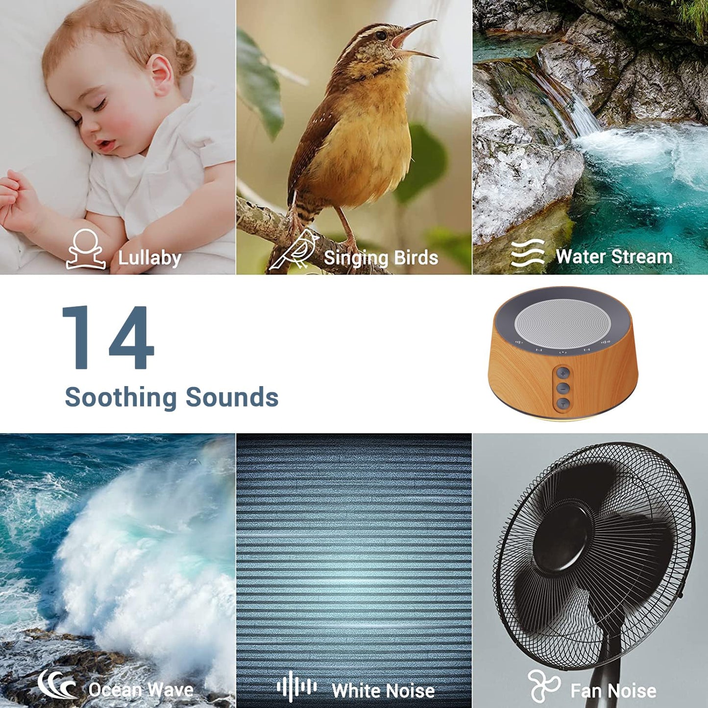 BGOVERSS White Noise Sound Machine with 14 Soothing Sounds and 10 Levels Night Light for Sleeping, 5 Timers and Memory Feature Plug in Sound Machine for Nursery Baby Kids Adults, Zebra Wood