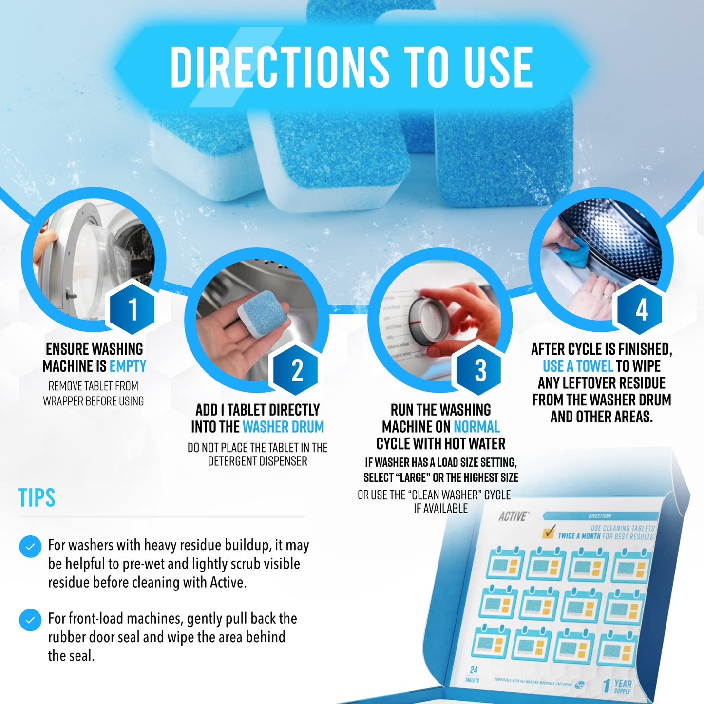 Washing Machine Cleaner Descaler 24 Tablets - ACTIVE Deep Clean Freshener for HE, Front and Top Load Washer, Septic Safe Eco Limescale and Odour Eliminator, Laundry Tub Seal Cleaning- 12 Month Supply