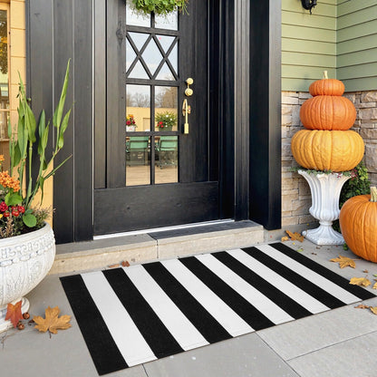 Collive Black and White Outdoor Striped Rug 24"x 51", Cotton Woven Fall Front Porch Rug Decor, Washable Farmhouse Layered Welcome Mat Outdoor for Kitchen Entryway Entrance Halloween