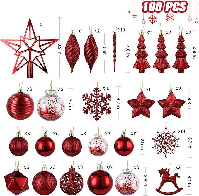 SHareconn 100pcs Christmas Tree Decorations Ornaments Set, Shatterproof Plastic Baubles Decorative Balls for Xmas Tree Decor Holiday Wedding Party, Burgundy