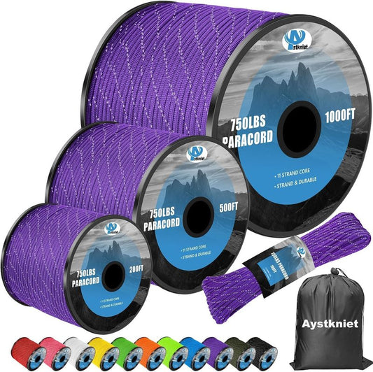Reflective Paracord Rope - 750 lb Strength | 100' to 1000' Lengths, 4mm 11-Strand for Camping & Hammocks