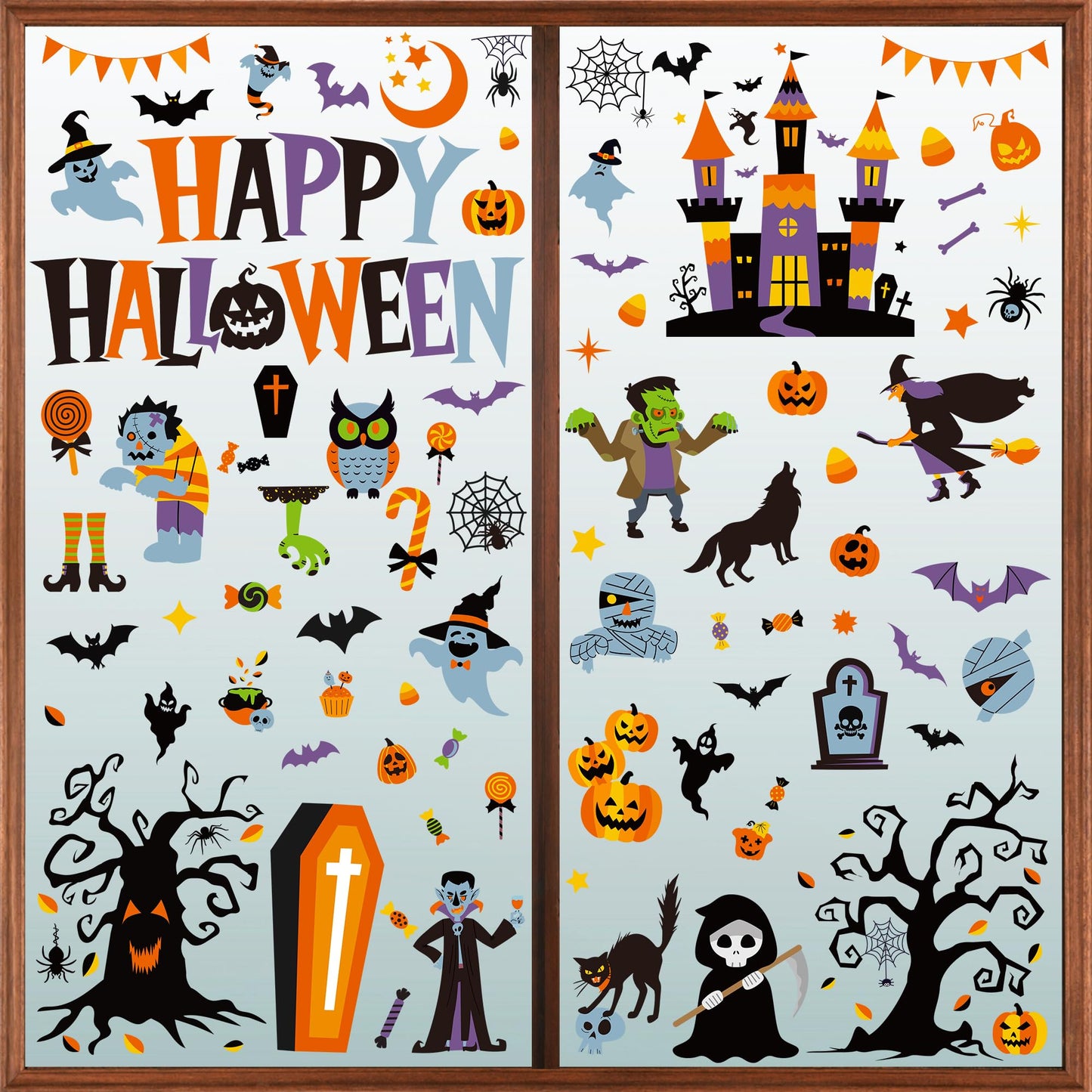 115PCS Halloween Window Clings, 9 Sheets Halloween Decorations, Cute Witch Tree Zombie Ghost Patterns PVC Window Stickers for Treat or Trick Party Favors Decal Supplies Decor Accessories