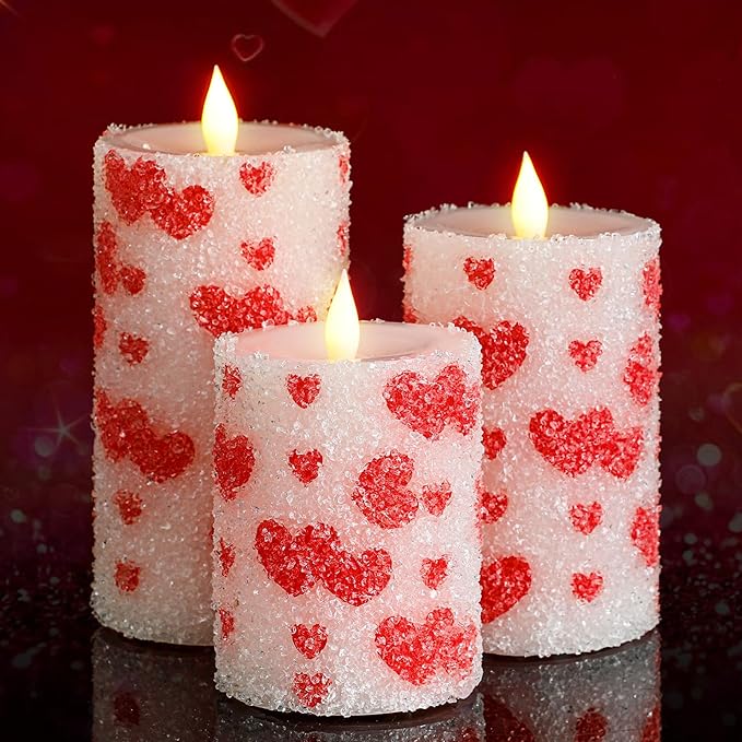 Baquler 3 Pcs Spring Pillar Candles Flameless LED Chinoiserie Candles Battery Operated Pastel Candy Blue and White Pressed Floral Candlestick 6 Inch for Wedding Home Table Decoration(Heart)