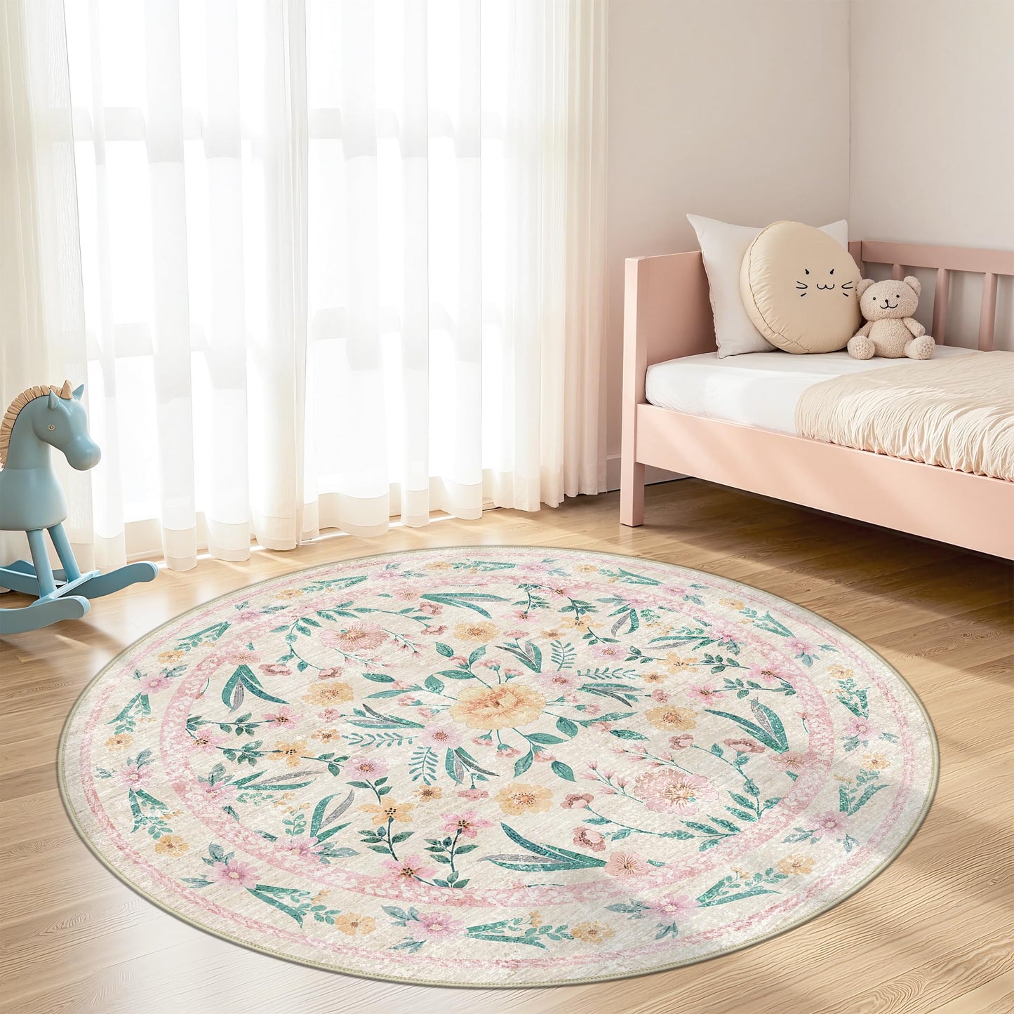Dadasgk Pink Floral Round Rug 6ft, Washable Boho Circle Area Rug for Girls Bedroom or Living Room, Soft Non-Slip Botanical Carpet for Nursery or Kids Room, French Flower Design Home Décor Rug