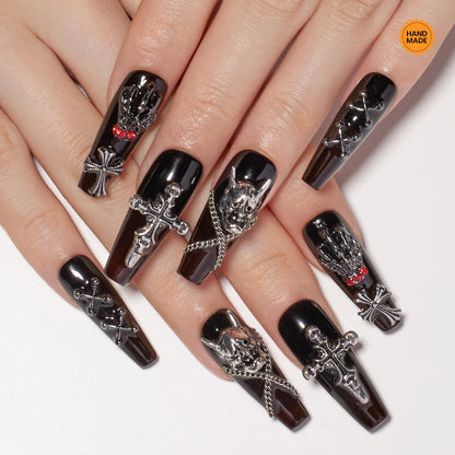 Beetles Halloween Press On Nails - Mystic Glow | Black Long Coffin Halloween Nails | 32Pcs 16 Sizes 3d Skull Cross Design Stick on False Nails With Quick-drying Nail Glue&Cuticle Oill