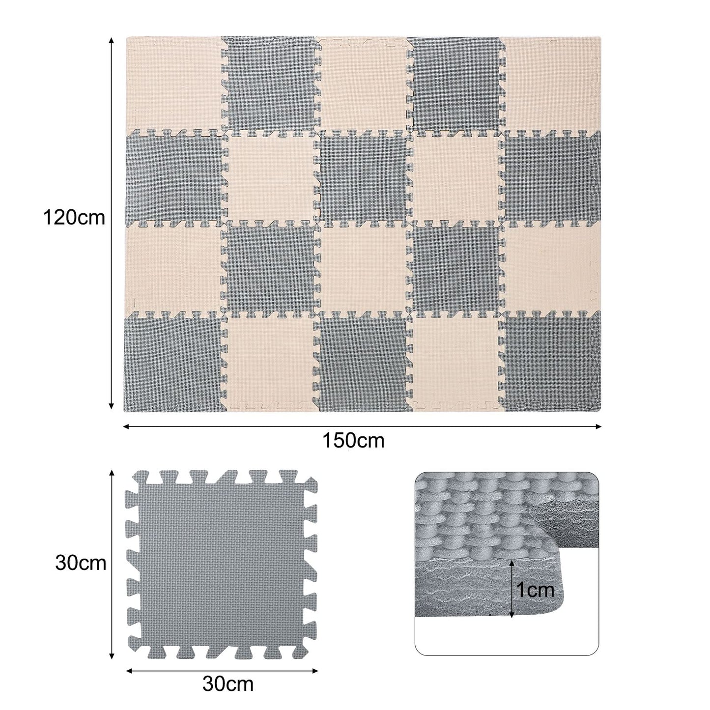 YORKING 20Pcs Foam Baby Play Mats 30x30x1cm EVA Baby Floor Tiles Thick Soft Floor Interlocking Mat Waterproof High-Resilience Foam Floor Puzzle Mat for Children's Play and Crawl (Grey and Rice-White)