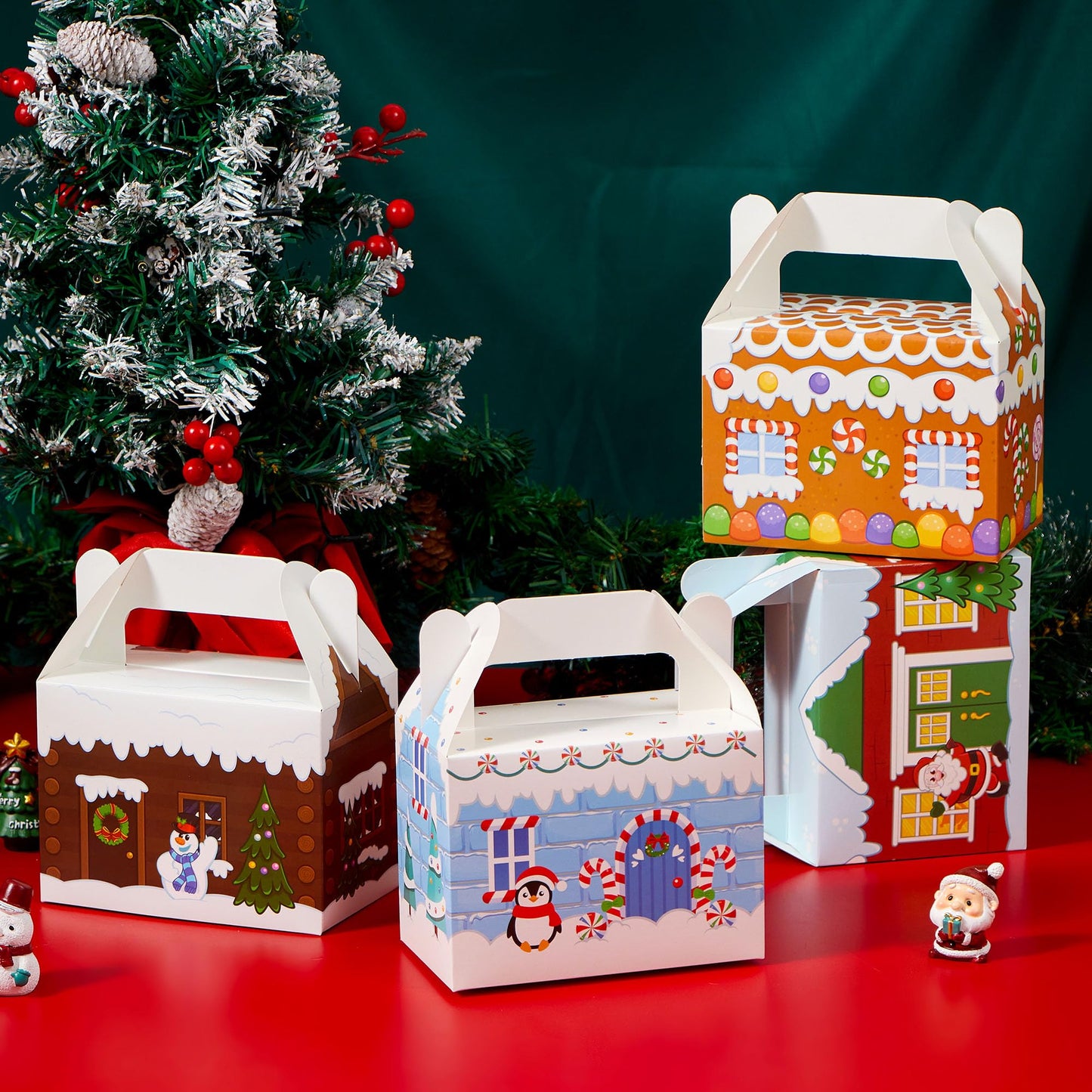 JOYIN 24 PCS 3D Christmas House Cardboard Treat Boxes for Holiday Xmas Goody Gift, Goodie Paper Boxes, School Classroom Party Favor Supplies, 4 Designs Candy Treat Cardboard Cookie Boxes