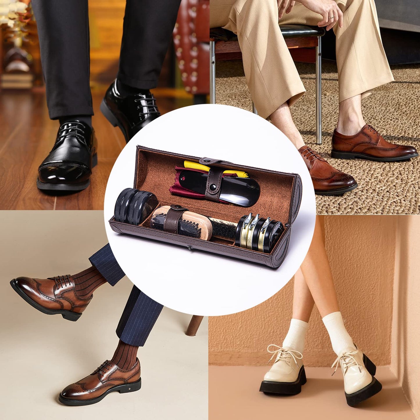 YUET Shoe Polish Kit Cleaning Shine Care Barrel Set For Brown Black Leather With Brush Travel Case Luxury Premium Soft Horsehair Bristle Dauber, Wooden Applicator, Shoehorn, Cloth 12 Piece Brown Pouch