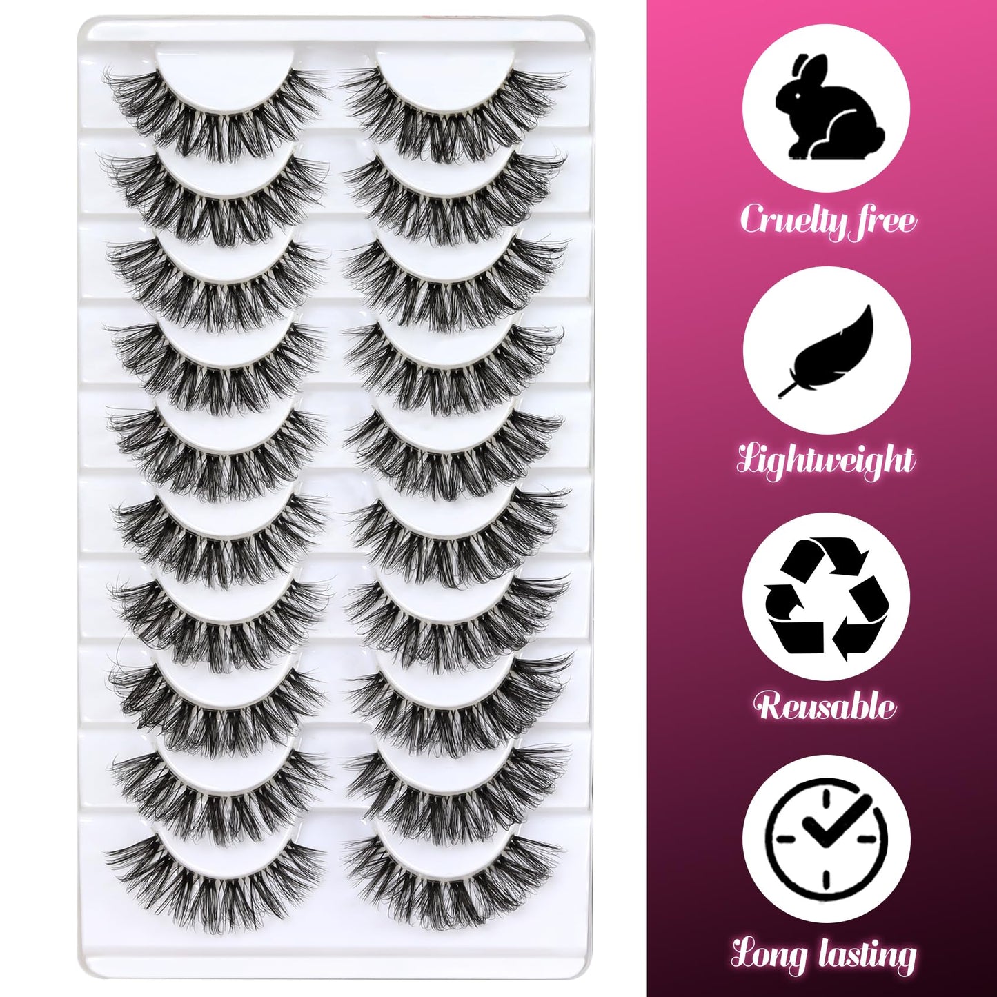 Veleasha Lashes Russian Strip Lashes Eyelashes with Clear Band Looks Like Eyelash Extensions D Curl Lash Strips 10 Pairs Pack (DT01)