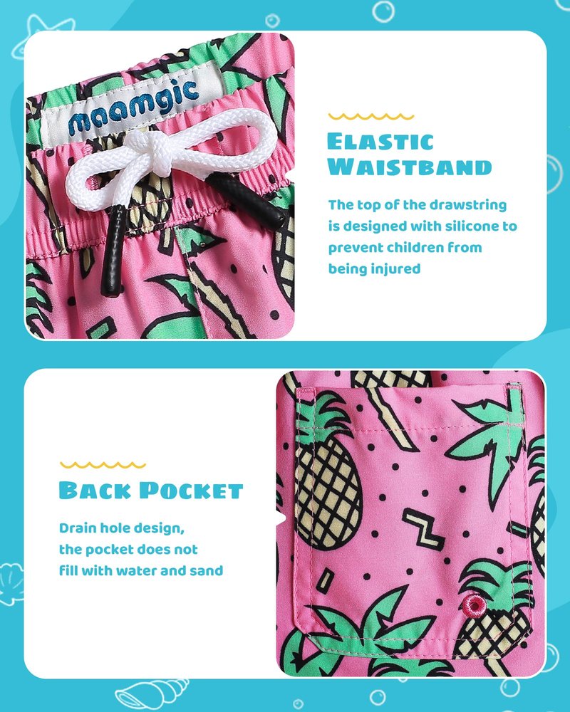 maamgic Boys Swim Trunks with Compression Liner Toddler Stretch Swim Shorts Quick Dry Swimming Trunks Boxer Brief 2 in 1 Beach Shorts Rose Coconut 10/12