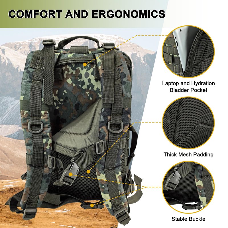 Hannibal Tactical MOLLE Assault Backpack, Tactical Backpack Military Army Camping Rucksack, 3-Day Pack Trip w/USA Flag Patch, D-Rings, Flecktarn