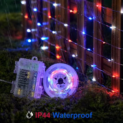 JMEXSUSS 2 Pack 100 LED Red White and Blue Fairy Lights Battery Operated, 33ft Battery Powered Twinkle Light with Remote, 8 Modes Red White and Blue String Lights for 4th of July Indoor Outdoor Decor
