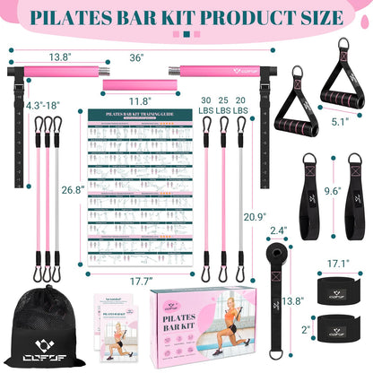 Pilates Bar Kit with Resistance Bands, Multifunctional Yoga Pilates Bar with Heavy-Duty Metal Adjustment Buckle, Portable Home Gym Pilates Resistance Bar Kit for Women Full Body Workouts