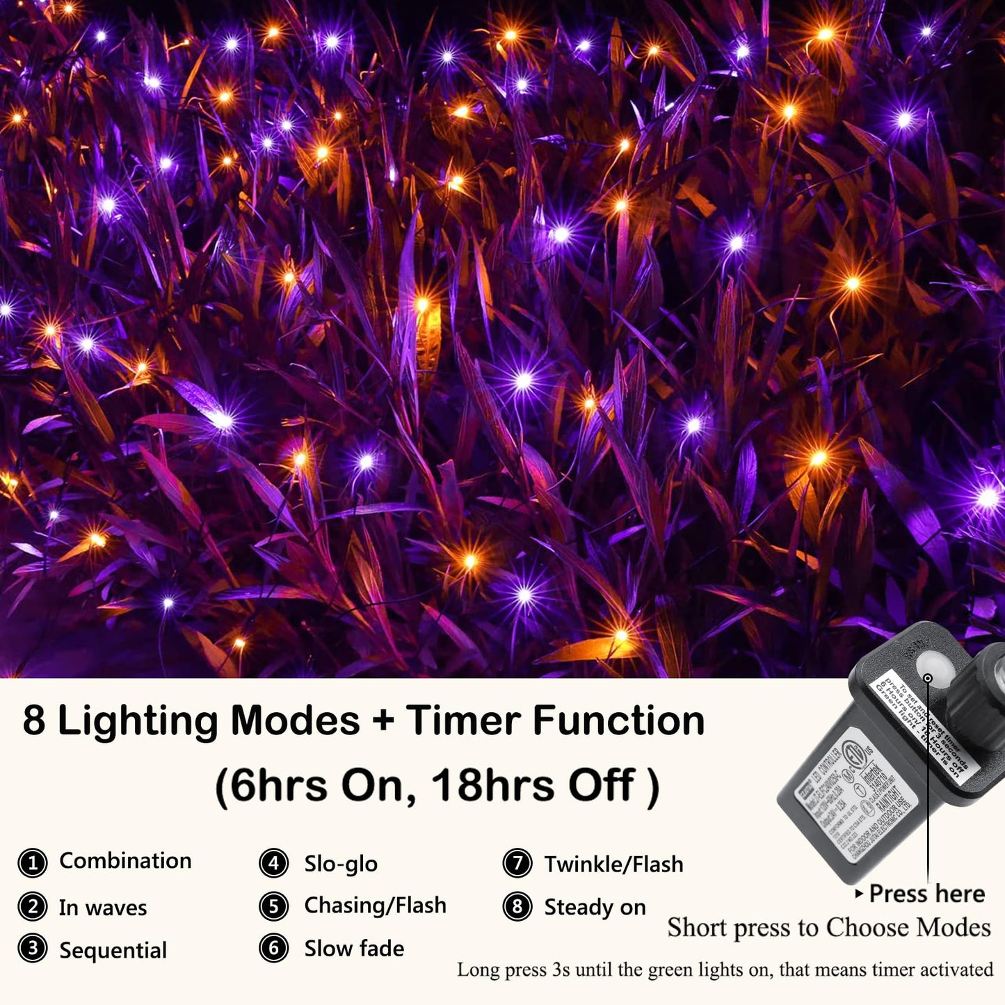 Joomer 12ft x 5ft 360LED Orange Purple Halloween Net Lights Outdoor Mesh lights, 8 Modes Timer Connectable Waterproof Bush Lights Mesh Netting Lights for Halloween Outdoor Decorations (Green Wire)