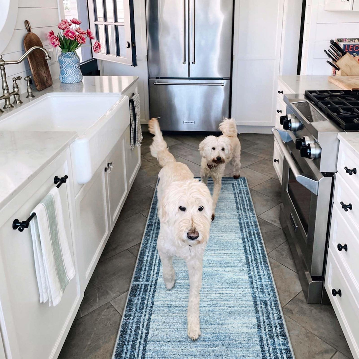 Lahome Modern Abstract Runner Rug, Washable Blue 2x6 Runners for Hallways Non Slip Bathroom Rug Runners, Low-Pile Soft Kitchen Runner Rubber Backed Carpet Runner for Bedroom Entryway