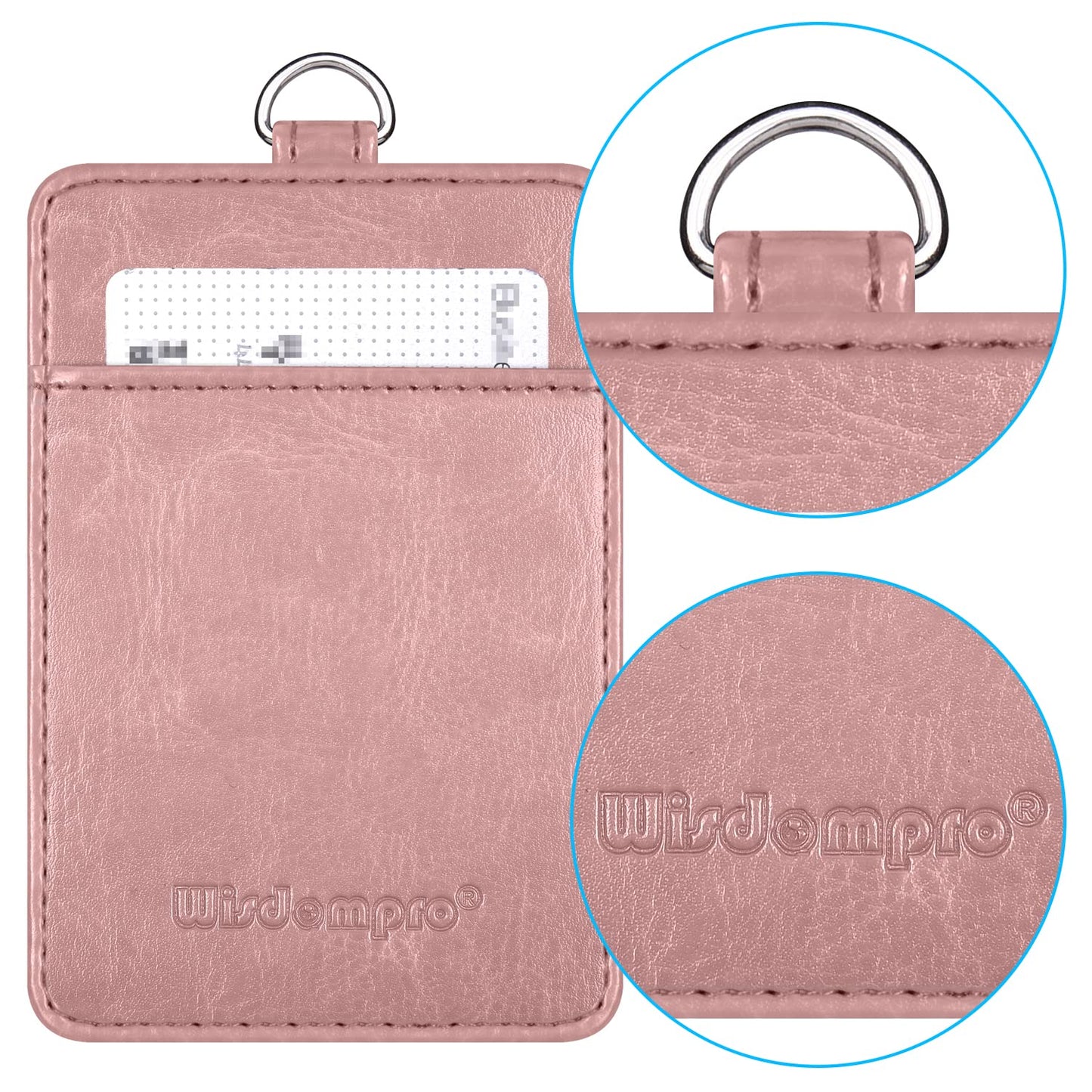 Badge Holder, Wisdompro 2-Sided PU Leather ID Badge Card Holder Wallet Case with 1 Clear ID Window and 1 Credit Card Slot and 22 Inch Quick Rlease Detachable Neck Lanyard Strap-Rose Gold (Vertical)