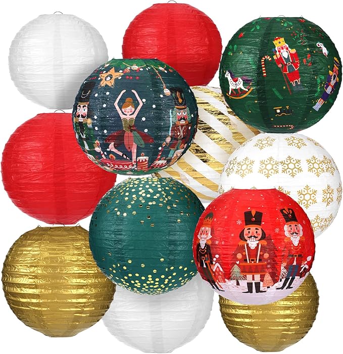 Bencailor 12 Pcs Christmas Hanging Paper Lanterns Set Decorative Christmas Party Lanterns Round Hanging Lamps for Xmas Home Decoration Supplies Props Holiday Decor (Striped,12 Inch,10 Inch, 8 Inch)