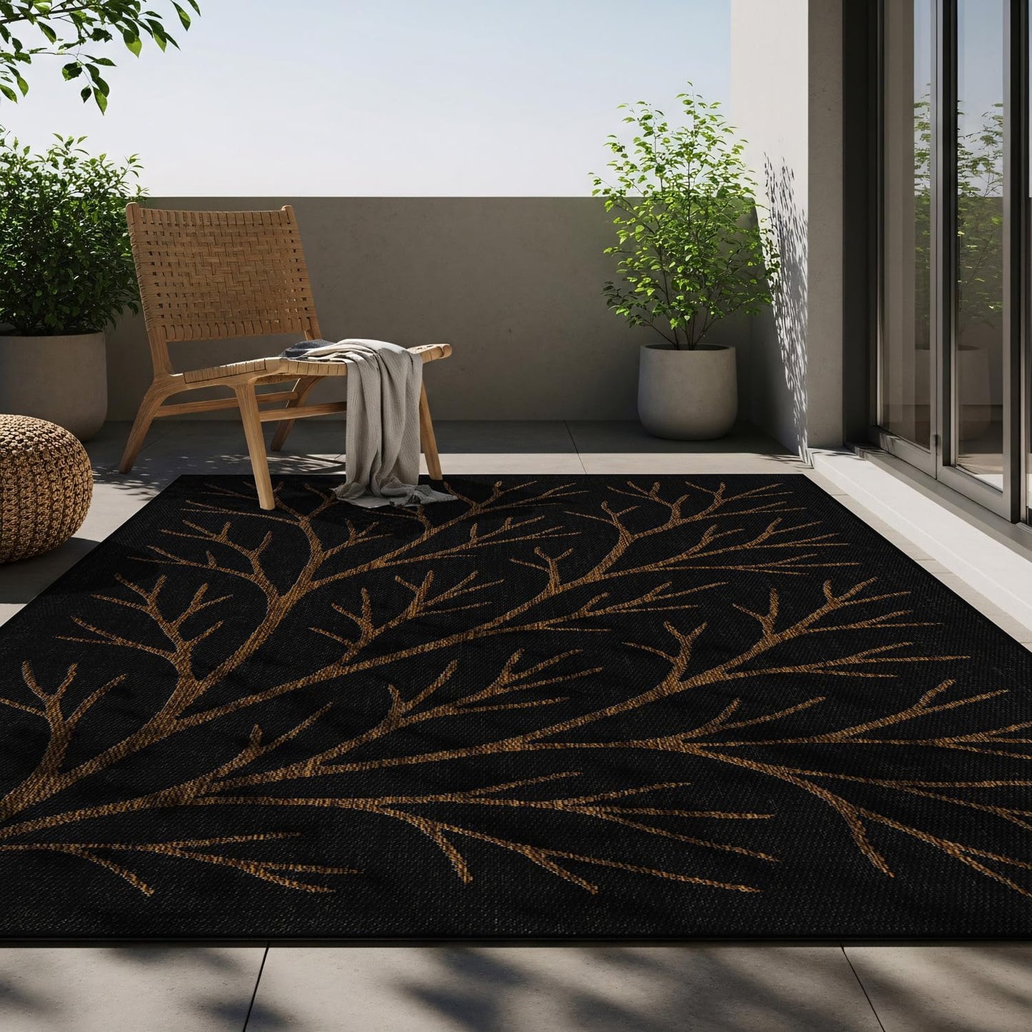 Washable Indoor Outdoor Rug 8x10 Modern Area Rugs Branch Pattern Non Shedding Waterproof Easy Clean Patio Deck Porch Living Room Bedroom Garden RV (8 X 10 Gold)