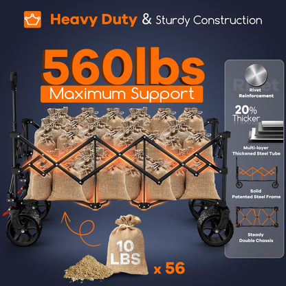 48" L Collapsible Wagon Cart Foldable, 560LB Weight Capacity 300L Heavy Duty Folding Beach Wagons with Big All-Terrain Wheels, Utility Carts for Groceries, Shopping, Camping, Sports - Black