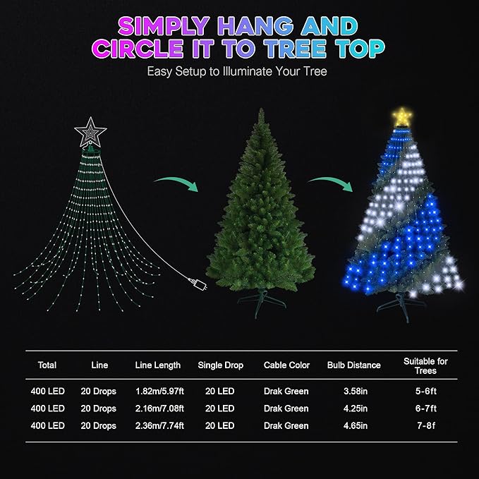 Smart Ring Christmas Tree Lights with Star Topper Indoor Outdoor - 7Ft x 20 Lines String 400 Optimum LED Easy App Control Images Color Changing Timer Remote Waterproof for 6 7 7.5 Ft Xmas Trees