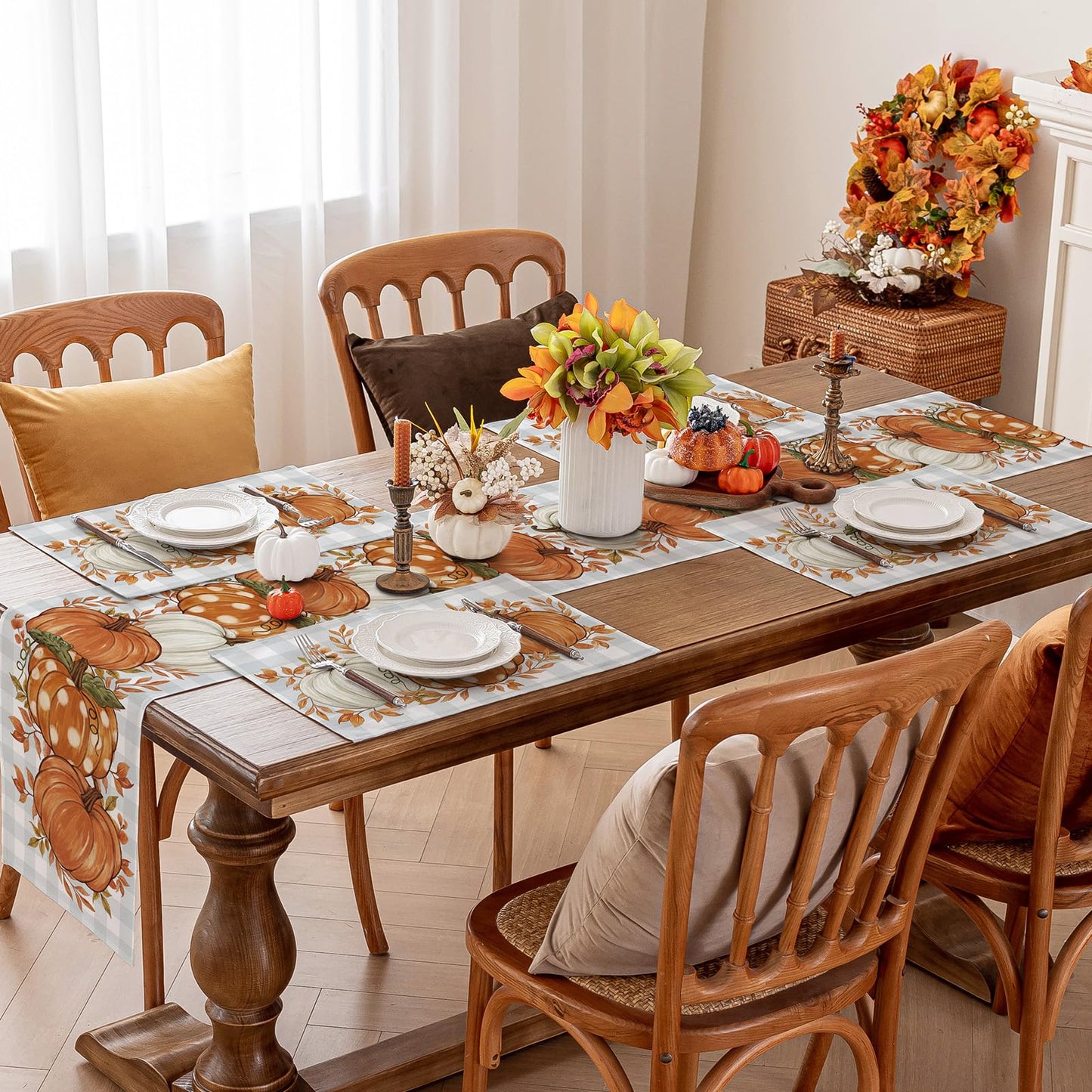 Romanstile Fall Placemats Set of 4-12 X 18 Inch - Thanksgiving Autumn Harvest Pumpkin Buffalo Plaid Place Mats, Stain Resistant Wipeable Table Mats for Party/Dining/Holiday- Grey Blue Checkered